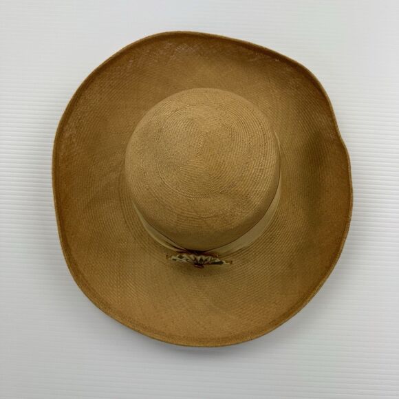 Vintage Frank Olive Straw Wide Brim Hat Floral Brooch Tan main image 5